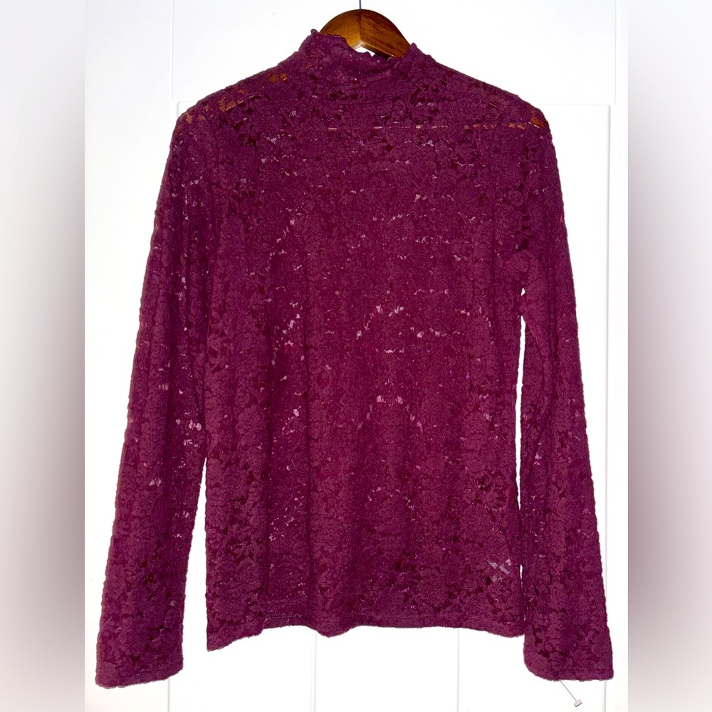 Express Mock‎ Neck Lace Sheer Long Sleeve Fitted Burgundy Top Women L Whimsigoth